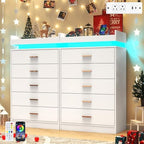 Hlivelood 5 Drawer Dresser with LED Light and Charging Station, Modern Chest of Drawers for Closet, Wide Drawer Organizer Cabinet, Living Room, Entryway, Hallway, White - Image 4