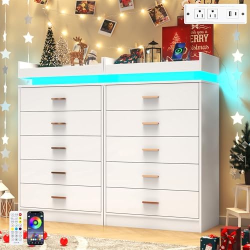 Hlivelood 5 Drawer Dresser with LED Light and Charging Station, Modern Chest of Drawers for Closet, Wide Drawer Organizer Cabinet, Living Room, Entryway, Hallway, White - Image 4