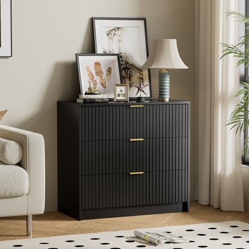 Furniway Black Dresser for Bedroom, Modern Dresser with 3 Drawers and Smooth Slides, Wide Chest of Drawers with Golden Handles for Bedroom, Living Room, Closet, 15.7" D x 31.5" W x 29.6" H by Furniway