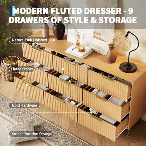 Garvee 63" Wide Fluted Dresser for Bedroom with 9 Drawers, Modern Wooden Chest of Drawers with Metal Handles, Large Clothes Storage Organizer & TV Stand for Living Room, Closet, Hallway, Oak Finish - Image 3