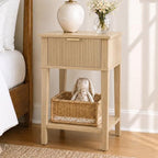 Natural Oak 15.4" Wide Small Nightstand with Drawer,Open Shelf,Fluted by RIHHA