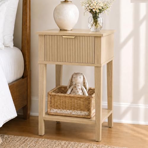 Natural Oak 15.4" Wide Small Nightstand with Drawer,Open Shelf,Fluted by RIHHA