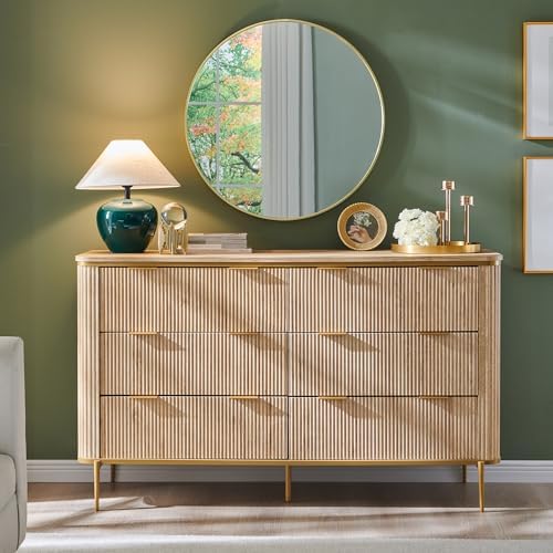 T4TREAM 6-Drawer Dresser Fluted Design, with Gold Accents (Natural Oak) - Image 5