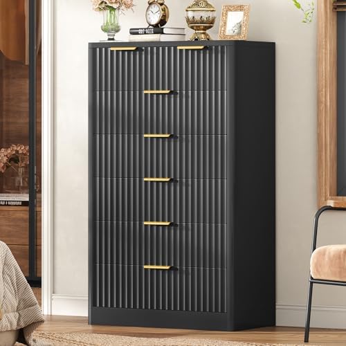 TEENOFN Fluted Dresser for Bedroom with 7 Drawers, 48" Tall Modern Chest of Drawers with Metal Handle, Wooden Dresser TV Stand, Wood Closet Clothes Storage Organizer for Living Room, Hallway, Black - Image 4