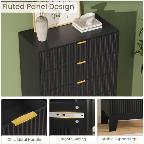 5 Drawer Dresser for Bedroom, 47" Tall Fluted Chest of Drawers, Black - Image 4