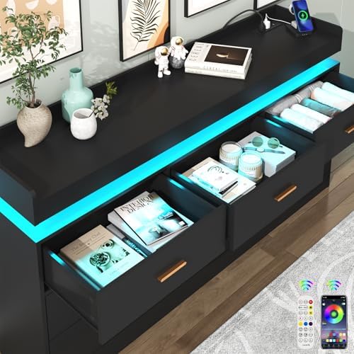 Hlivelood 7 Drawer Dresser with LED Light and Charging Station, Modern Chest of Drawers for Closet, Wide Drawer Organizer Cabinet for Bedroom, Living Room, Entryway, Hallway, Black - Image 5