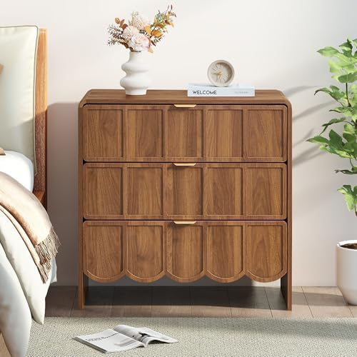 ORRD 3 Drawer Dresser for Bedroom, Modern Closet Chest of Drawers with Wave Fluted Drawer, Wood Storage Small Dresser Organizer for Nursery Bedroom Living Room Hallway Closet (Walnut) - Image 3