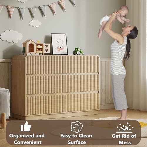 BORNOON Dresser for Bedroom with 6 Drawers, Fluted Chest of Drawers with Round Curved Corner, Hidden Handles, Modern Wood Storage Organizer for Bedroom, Nursery, Living Room - Image 5