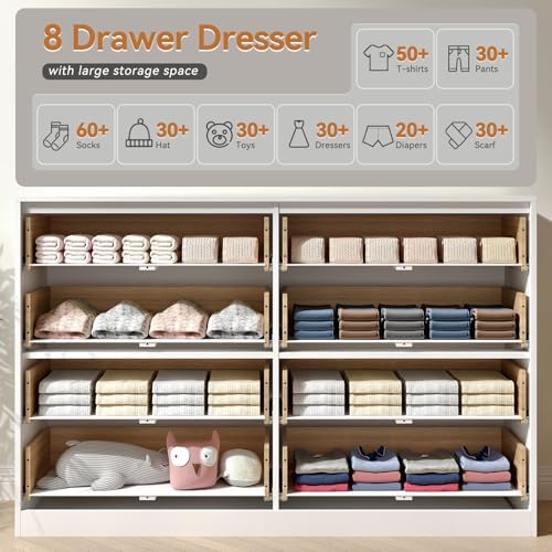 White Dresser with 8 Drawer 55" Wide Fluted Dresser for Bedroom丨Double Drawer Dresser Modern Chest of Drawers with Gold Handle, Wood TV Stand for Bedroom, Living Room, Entryway, White - Image 3