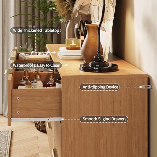Garvee 63" Wide Fluted Dresser for Bedroom with 9 Drawers, Modern Wooden Chest of Drawers with Metal Handles, Large Clothes Storage Organizer & TV Stand for Living Room, Closet, Hallway, Oak Finish - Image 6