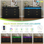knoworld 6 Drawer Dresser for Bedroom, Black Dresser with LED Lights and Power Outlet, Large Wooden Dressers Modern Chest of Drawers, Double Wide 6 Drawer Dressers for Bedroom, Entryway, Hallway - Image 5
