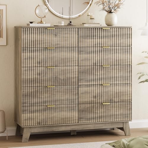Xixini Fluted Dresser for Bedroom with 10 Drawers, 48" Wide Modern Chest of Drawers with Metal Handle, Wooden Dresser TV Stand, Wood Closet Clothes Storage Organizer for Living Room, Hallway, Grey by Xixini