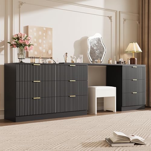 MAISONARIA L-Shaped Rotatable 9 Drawer Dresser for Bedroom, 71" Wide Deformable Black Dresser with Gold Metal Handles, Modern Fluted Chest of Drawers for Bedroom, Living Room, Entryway, Hallway - Image 5