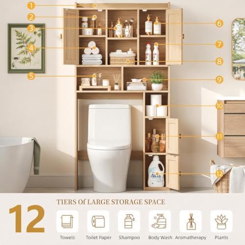 Keehusux Fluted Over The Toilet Storage Cabinet with 4 Doors, Natural Oak - Image 5
