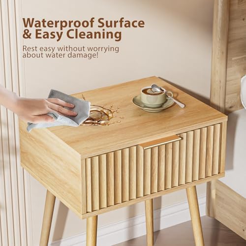 VINGLI Fluted Nightstand with Drawer, 19" W Mid Century Modern Nightstand for Bedroom, Bedside Table, End Tables Bedroom, Wood Night Stand, Oak, 18.9" W*14.96" D*24" H - Image 7