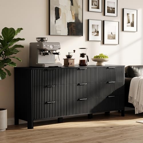 Wodeer 9 Drawer Black Dresser for Bedroom, 62" W Wood Storage Cabinet with Fluted Design, Modern Chest of Drawers & TV Stand for Living Room, Nursery Clothing Organizer with Metal Slides, Anti-Tipping - Image 5