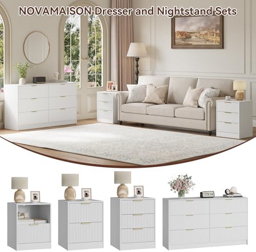 6 Drawer Dresser & 3-Drawer Nightstand Set 3-Piece, White丨Long Dresser and Night Stand Set of 2 with Metal Handle, Fluted Modern Wood Chest of Drawers Storage Dressers Set for Bedroom - Image 4