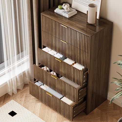 MAISONARIA 5 Drawer Dresser for Bedroom, Tall Dresser Chest of Drawers with Gold Handles, 32 Inch Wide Nightstand with for Bedroom, Living Rooms, Offices, and Entryways, Walnut - Image 4