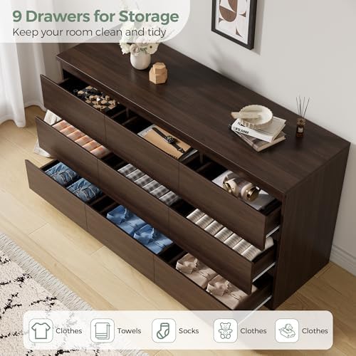 Jocoevol Modern 9 Drawer Dresser for Bedroom, Simply Chest of Drawers, Wood Storage Dresser with Deep Drawers for Living Room Hallway Entryway (Brown) - Image 4