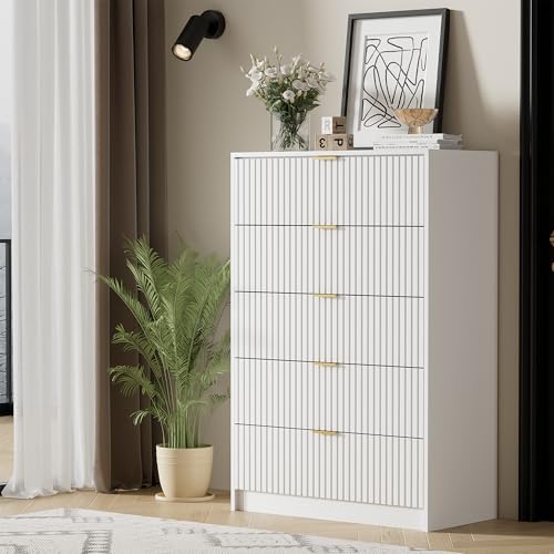 Furniway White Dresser for Bedroom, Modern Dresser with 5 Drawers and Smooth Slides, Wide Chest of Drawers with Golden Handles for Bedroom, Living Room, Closet, 15.7" D x 31.5" W x 47.2" H - Image 7