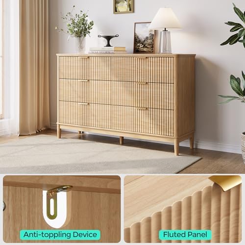 LINSY Fluted Dresser for Bedroom with 6 Drawers, Mid Century Modern Chest of Drawers with Gold Metal Handles, Wide Boho Wood Dressers, Large Farmhouse Storage Cabinet for Bedroom, Living Room, Oak - Image 4