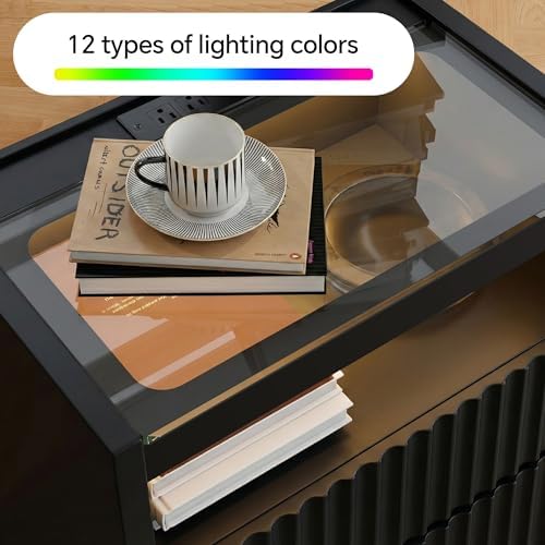 Modern Nightstand with Charging Station,Fluted 2 Drawers Bedside,Black Oak - Image 6
