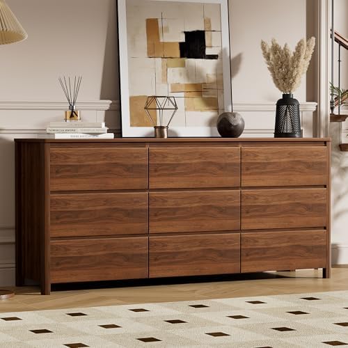 Furniway 63" Mid-Century Modern Dresser for Bedroom, 9 Drawer Wide Chest of Drawers with Wood Legs, Large Storage Bedroom Dresser, Walnut - Image 7