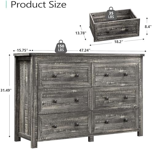 Xixini 47.2" Wide 6-Drawer Farmhouse Dresser for Bedroom, Dark Brown - Image 3