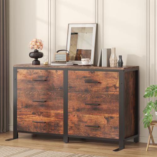 Rustic Brown Dresser for Bedroom, Wide Wood Dressers Furniture with 6 Wooden Drawer and Metal Frame, TV Stand with Deep Drawer (Rustic Brown) - Image 3