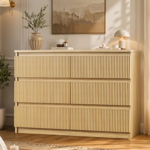 Jocoevol 6 Drawer Fluted Dresser, Modern Chest of Drawers for Bedroom with Hidden Handles, Wood Storage Organizer Cabinet for Living Room & Entryway, Natural Oak (15.7" D x 47.3" W x 31.6" H) by JOCOEVOL