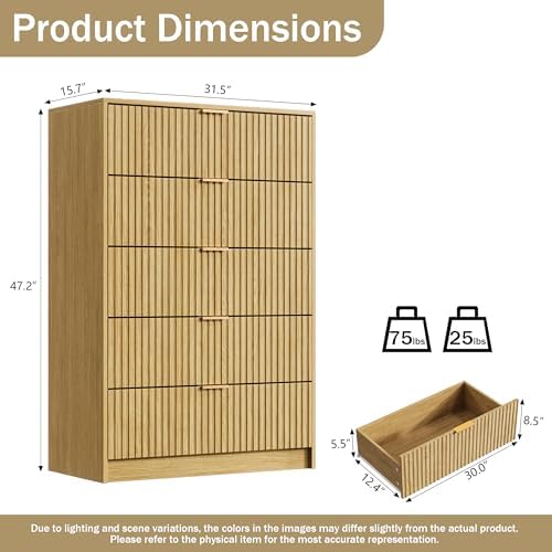Furniway Mid Century Modern Dresser for Bedroom, 5 Drawer Tall Wood Dresser with Fluted Front, Chest of Drawers for Closet, Living Room, Hallway, Natural Oak - Image 2