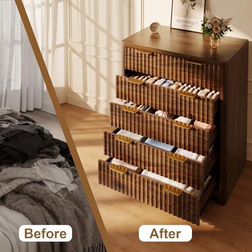 Fluted 47" Tall Dresser for Bedroom with 5 Drawers, Modern Chest of Drawers with Metal Handle & Deep Storage, Wood Closet Clothes Storage Organizer for Living Room & Hallway, Walnut Brown Dresser - Image 7