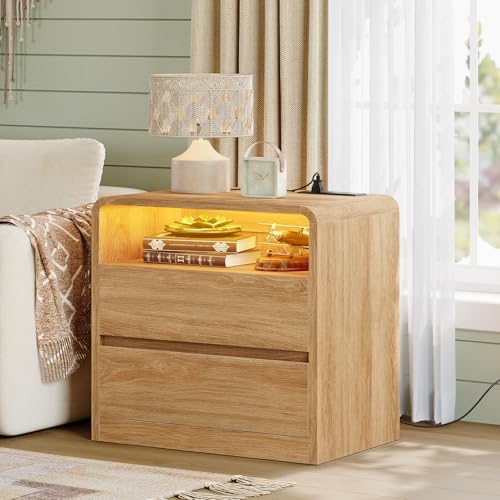 TEENFON Nightstands Set of 2 with Charging Station & LED Lights, Curved Corner Bedside Table 21.7" W, 2 Drawers & Open Shelf, USB-C & USB Ports, Natural, Storage End Table for Bedroom/Living Room - Image 4