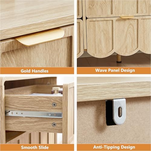 ORRD 9 Drawer Dresser for Bedroom, Modern Closet Chest of Drawers with Wave Fluted Drawer, Wood Storage Small Dresser Organizer for Nursery Bedroom Living Room Hallway Closet (Natural) - Image 4