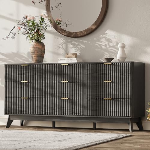 63" Wide Fluted 9 Drawers Dresser for Bedroom,Curved Edge,Black by TROJMHome