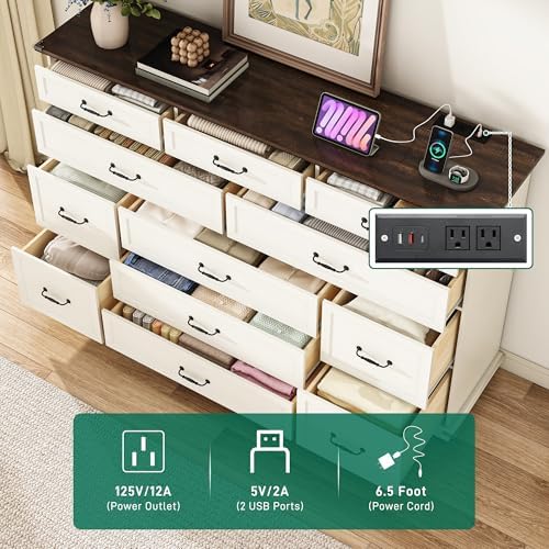 jiteentarou Tall Farmhouse 12 Drawer Dresser for Bedroom,63” Wood Dresser & Chest of Drawers with Power Outlets,Large & Wide Dressers for Bedroom,Tall Storage Dresser Organizer(White) - Image 5