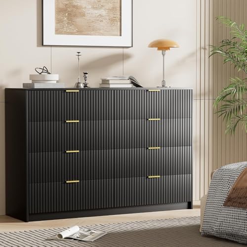 Furniway Black Dresser for Bedroom, Modern Dresser with 8 Drawers and Smooth Slides, Wide Chest of Drawers with Golden Handles for Bedroom, Closet, 15.7" D x 55" W x 37.4" H - Image 5