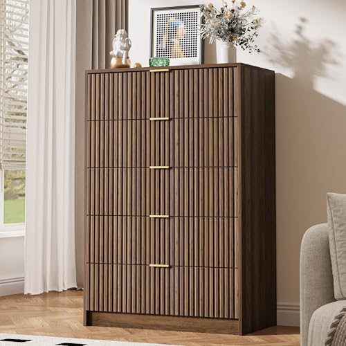 MAISONARIA 5 Drawer Dresser for Bedroom, Tall Dresser Chest of Drawers with Gold Handles, 32 Inch Wide Nightstand with for Bedroom, Living Rooms, Offices, and Entryways, Walnut by MAISONARIA