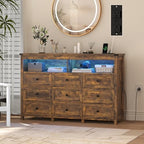 Wodeer 9 Drawer Dresser for Bedroom with LED Lights, Charging Station, Wood Chest of Drawers with Metal Handles, Modern TV Stand & Storage Organizer for Living Room, Hallway, Brown by WODEER