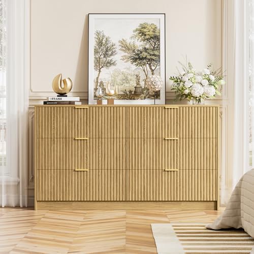 Furniway Mid Century Modern Dresser for Bedroom, 6 Drawer Wood Dresser with Fluted Front, 55.1" Wide Chest of Drawers for Living Room, Hallway, Natural Oak - Image 5