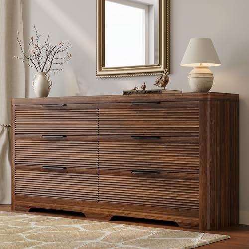 Fluted 6 Drawer Wood Dresser,Farmhouse Chest for Bedroom Entryway,Walnut by FUSUNBAO