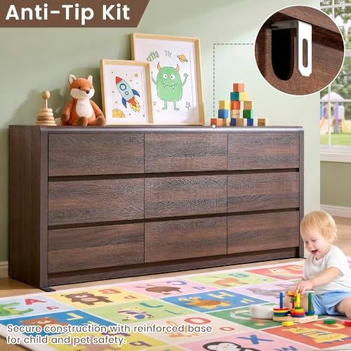 63” Wide Dresser for Bedroom, 9 Drawer Dresser, Walnut Dresser, Rounded Corner Safe & Handleless Design, Large Wooden Dresser for Hallway, Modern Farmhouse Style - Image 6