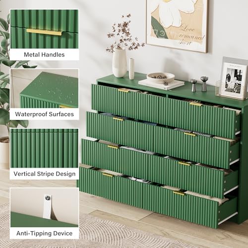 Furniway Green Dresser for Bedroom, Modern Dresser with 8 Drawers and Smooth Slides, Wide Chest of Drawers with Golden Handles for Bedroom, Closet, 15.7" D x 55" W x 37.4" H - Image 3