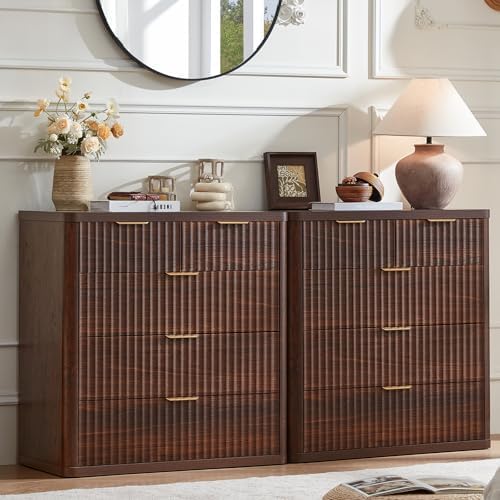 LEYAOYAO Fluted 5 Drawers Dresser for Bedroom Set of 2, 34" Tall Modern Chest of Drawers with Metal Handle, Curved Profile Design,Walnut Wood Drawer Organizer for Bedroom, Living Room, Hallway by LEYAOYAO-Findtheshiningpointofyourideallife%EF%BC%81