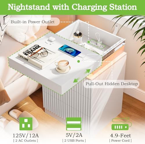 Fluted LED Night Stand with Charging Station, White - Image 5