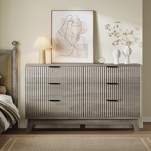BORNOON 53" Long Dresser for Bedroom, 6-Drawer Dresser with Fluted Fronts, Wide Wood Chest of Drawers, Smooth Metal Slides, Stable Base, Modern Clothes Storage Cabinet for Living Room, Hallway - Image 4
