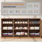 Natural Wood Dresser with 9 Drawer 63" Wide Fluted Dresser for Bedroom丨Long Dresser Modern Chest of Drawers with Gold Handle, Wood TV Stand Storage Organizer for Bedroom, Living Room, Natural Wood - Image 6