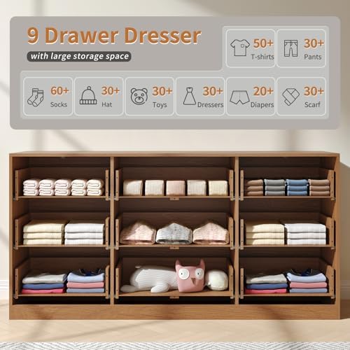 Natural Wood Dresser with 9 Drawer 63" Wide Fluted Dresser for Bedroom丨Long Dresser Modern Chest of Drawers with Gold Handle, Wood TV Stand Storage Organizer for Bedroom, Living Room, Natural Wood - Image 6