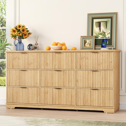 Squireewo Fluted 9 Drawers Dresser for Bedroom, 63" Wide Modern Chest of Drawers with Power Outlet and Deep Drawers, Large Dresser TV Stand for Living Room, Hallway, Kids Room, Oak by Squireewo
