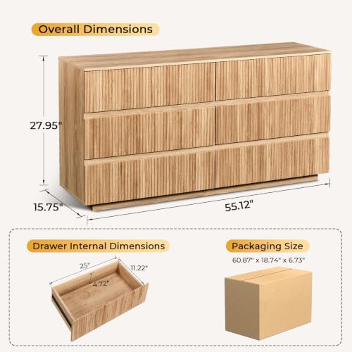 Karl home Natural Oak 6 Drawer Fluted Dresser, Modern Storage Chest - Image 3